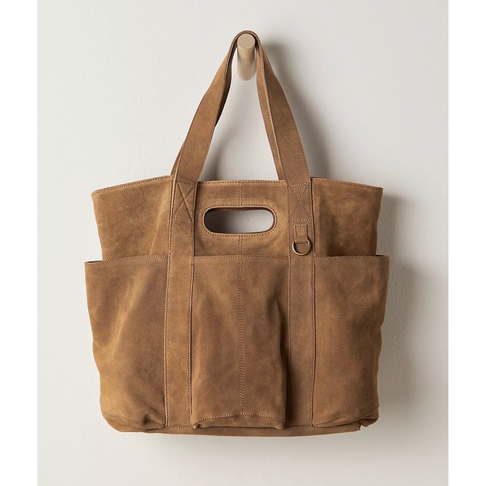 Free People Suede Tote Bag Brown Oversized Shoulder Bag Cutout Handle Carryall